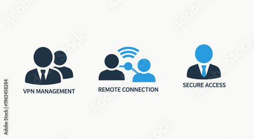 Secure network access and remote connection icons: vpn management, team communication, and user security solutions