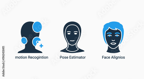 Artificial intelligence and computer vision icons: head silhouettes for motion recognition, pose estimation, and face alignment concepts