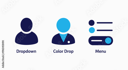 Modern user interface elements: dropdown menu, profile avatar, and color customization icons for web and mobile app design