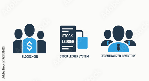 Blockchain and decentralized economy icons: digital ledger system, cryptocurrency finance, and user network technology concepts