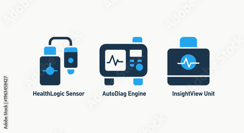 Healthcare technology icons: medical diagnostic engine, health logic sensor, and insightview unit for clinical monitoring systems