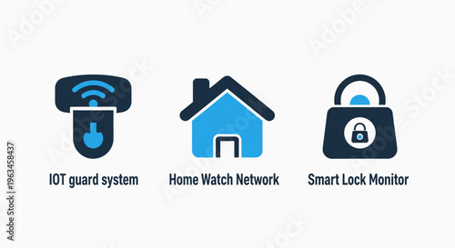 Smart home security system icons: iot guard, home watch network, and smart lock monitor for digital automation