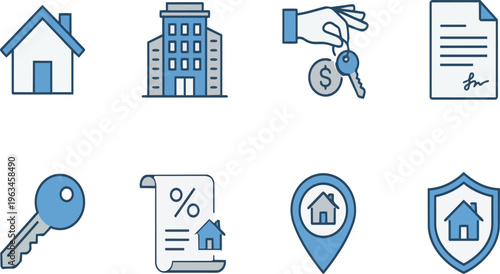 A set of blue and white icons related to real estate on transparent background