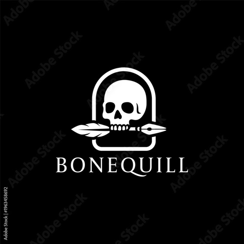 Bonequill logo showcases a skull with a quill, suitable for writing, publishing, storytelling, or creative businesses looking for a unique identity.