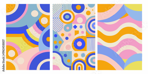 Abstract geometric triptych with colorful shapes and wavy patterns