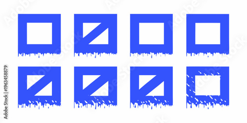 Eight blue square designs with varying diagonal lines and dripping paint