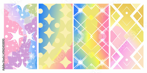 Four vibrant vertically oriented panels with colorful geometric patterns