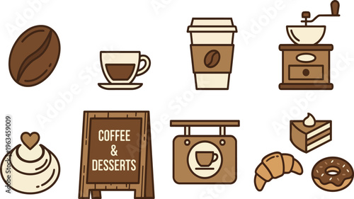 A collection of coffee and dessert icons on transparent background