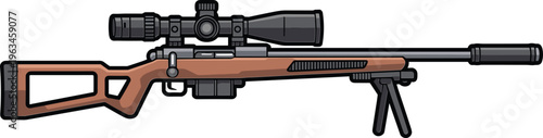 Precision sniper rifle vector illustration with telescopic scope bipod and silencer on a wooden stock for tactical gaming and military design.