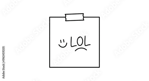 Minimalist line art icon of a sticky note with LOL text and smiley faces, April Fools' Day prank sticker symbol isolated on white background.