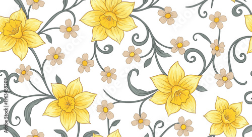 Quadro su tela Yellow Daffodil and Flower Pattern with Swirling Vines for Spring and Floral Dec