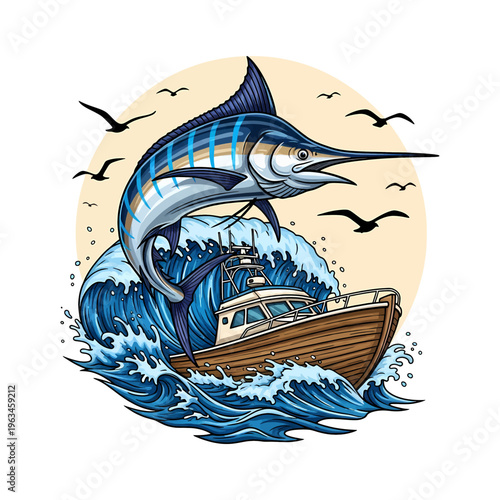 illustration of a leaping striped marlin over a fishing boat with sea waves and seagulls.