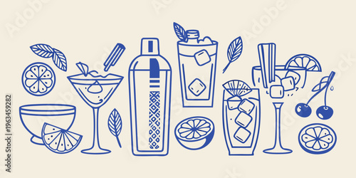 Blue line art illustration of various cocktail glasses and ingredients