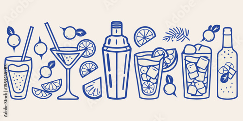 Collection of hand drawn cocktail ingredients and refreshing beverage glasses