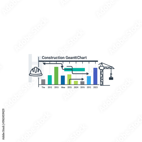 Construction project gantt chart with crane and safety helmet