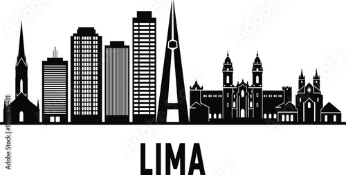 Black silhouette of Lima city skyline with buildings and churches