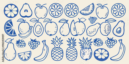 A collection of hand drawn blue line art illustrations of various fruits