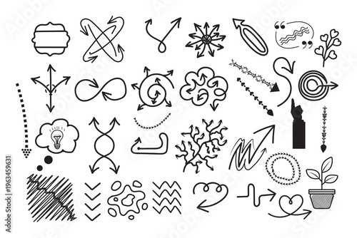 A collection of 25 unique hand drawn doodle icons and symbols