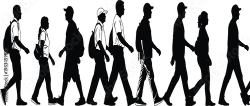 Silhouettes of people walking in a line black white