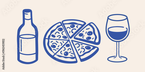 A simple illustration depicting pizza wine bottle and a wine glass