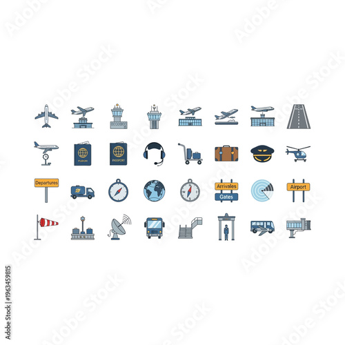 Airport infrastructure and aviation flat icon collection