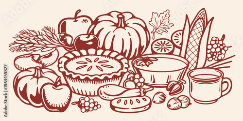 An autumn harvest illustration featuring pumpkins fruits and a festive pie