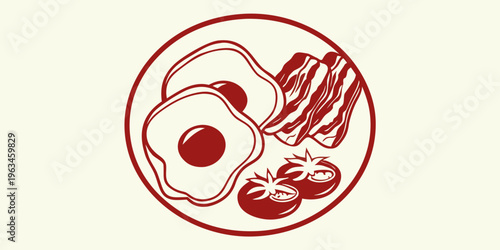 A red illustration depicts a classic breakfast of eggs bacon and tomatoes
