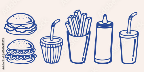 A collection of fast food items illustrated in a simple blue line style
