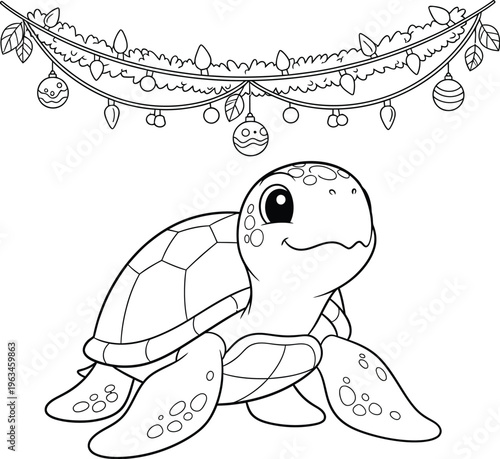 In the last one, I see a happy little turtle under a decorative garland with ornaments—kind of a festive or holiday vibe.
