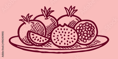 A simple sketch of various sliced and whole tropical fruits on a plate