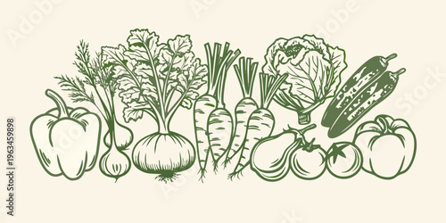 A vibrant sketch depicts a colorful arrangement of fresh garden vegetables