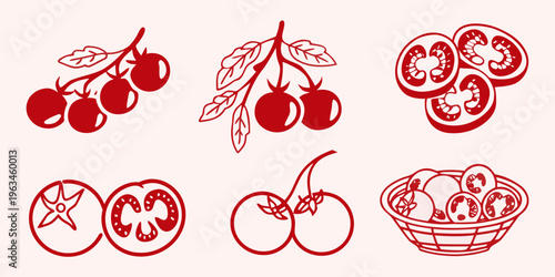 Red tomato illustrations depicting whole fruits slices and a harvest basket