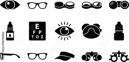 A collection of black and white eye care icons on transparent background