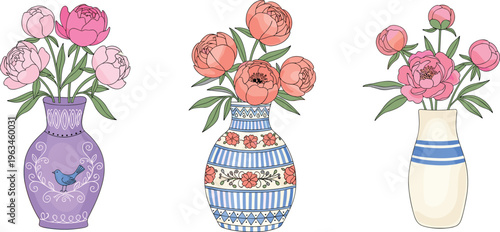 Peony Flower Vase Set Featuring Beautiful Pink Blooms in Decorative Ceramic Vases for Home Decor and Floral Arrangements