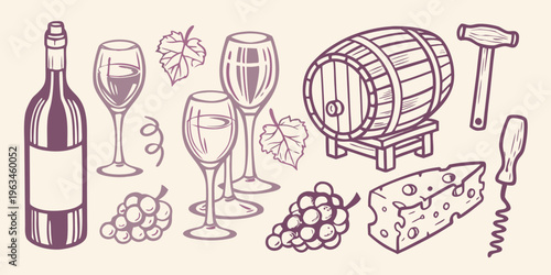 Wine accessories and pairings including cheese grapes and a barrel