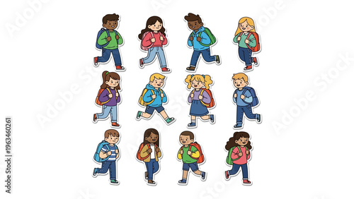 Joyful School Days: A vibrant illustration showcasing diverse young students with backpacks, all embarking on their school day journey, brimming with enthusiasm and eagerness for learning.