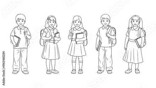 School Children Lineup: A group of young pupils, each holding books and wearing backpacks, stand together in anticipation, capturing the essence of education and the unity of childhood.