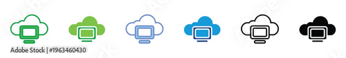 Cloud Computing Icon Set with Desktop Monitor in Multiple Styles and Colors – Intranet Cloud, Data Storage, Online Server, Flat, Line, Monochrome Variations for UI UX Design