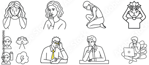 Illustrations of people experiencing stress and anxiety in various situations daily life
