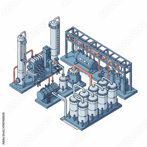 Industrial Plant Isometric View with Complex Machinery and Piping.