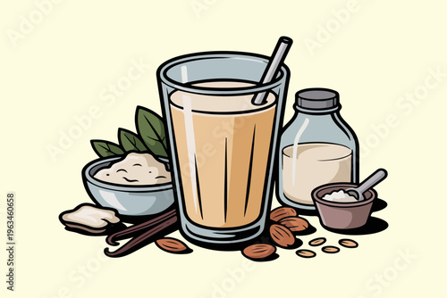 Healthy Vanilla Protein Smoothie in Glass with Almond Milk and Natural Ingredients Illustration