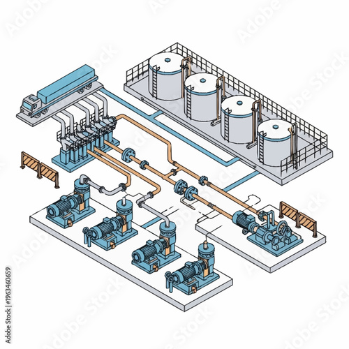 Industrial Plant with Tanks Pumps and Piping System.