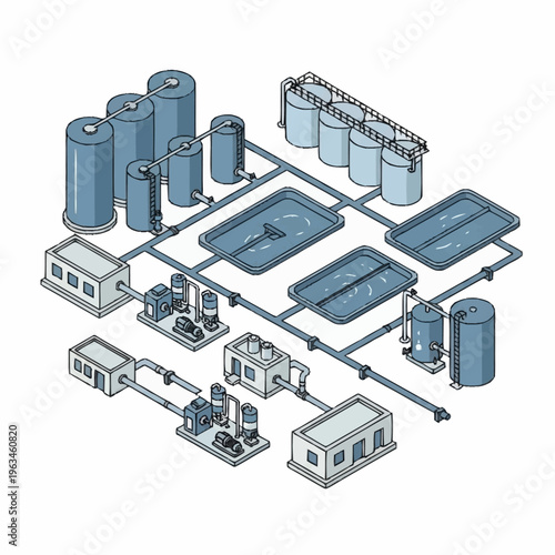 Isometric illustration of a complex industrial water treatment plant.