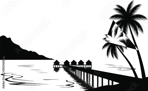 Black and white of tropical pier with palm trees and mountain