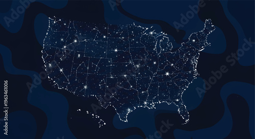 USA map constellation with glowing stars and connecting lines, celestial United States map vector, night sky astronomical map of America