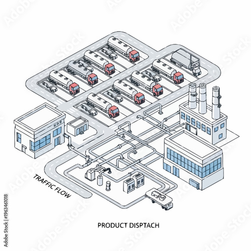 Isometric illustration of a product dispatch and traffic flow system.