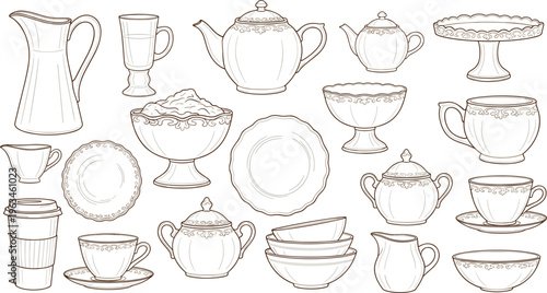 Vintage Tea Set Collection Featuring Cups, Saucers, Plates, and Teapot, Perfect for Elegant, Dining, and Tea Party Designs