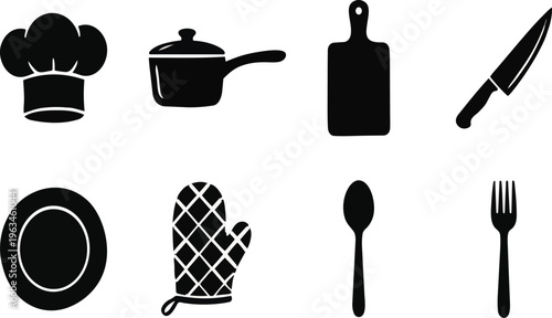 A set of kitchen utensils and tools on transparent background