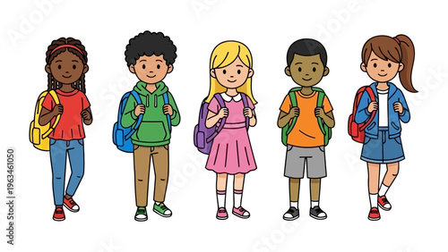 Diverse Young Scholars Ready for the Day: A vibrant illustration depicts five diverse young scholar standing, backpacks in tow, ready to embrace the promise of a new school day.