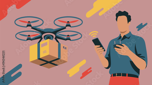 Drone delivering a package to an open hand Vector, illustration
